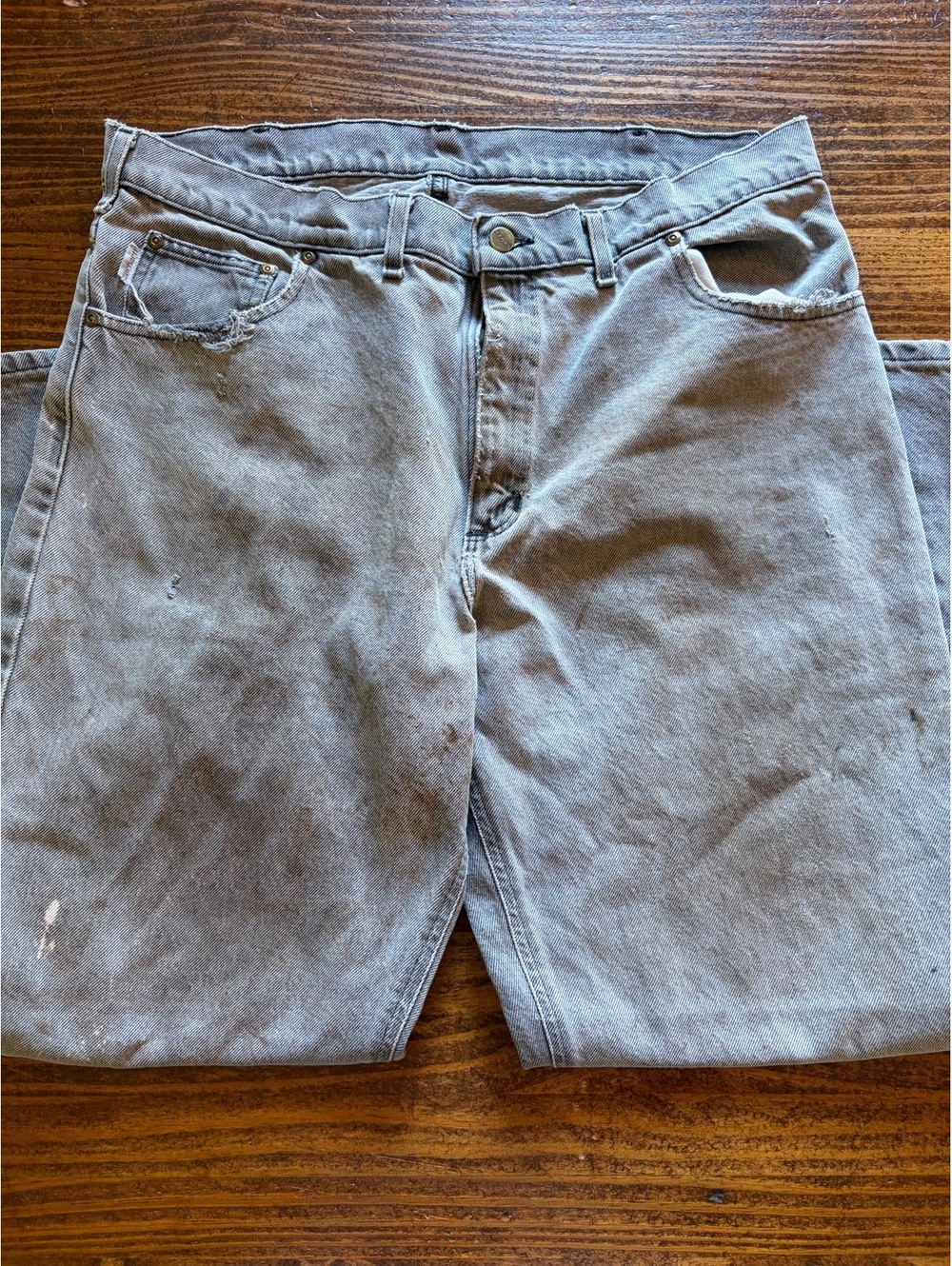 Carhartt Vintage Gray Denim Work Jeans with Distressed Details
